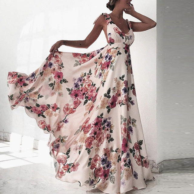 Flower Print Bowknot Leace-up Sleeveless Long Dresses Women Sexy V-neck Backless Evening Party Maxi Dress 2025 Spring Summer New