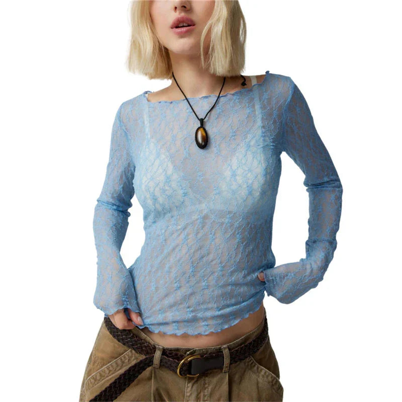 Lace Tops for y2k Clothes Sheer See Through Round Neck Long Sleeve Ruched T Shirt 2000s Clothing Party Clubwear