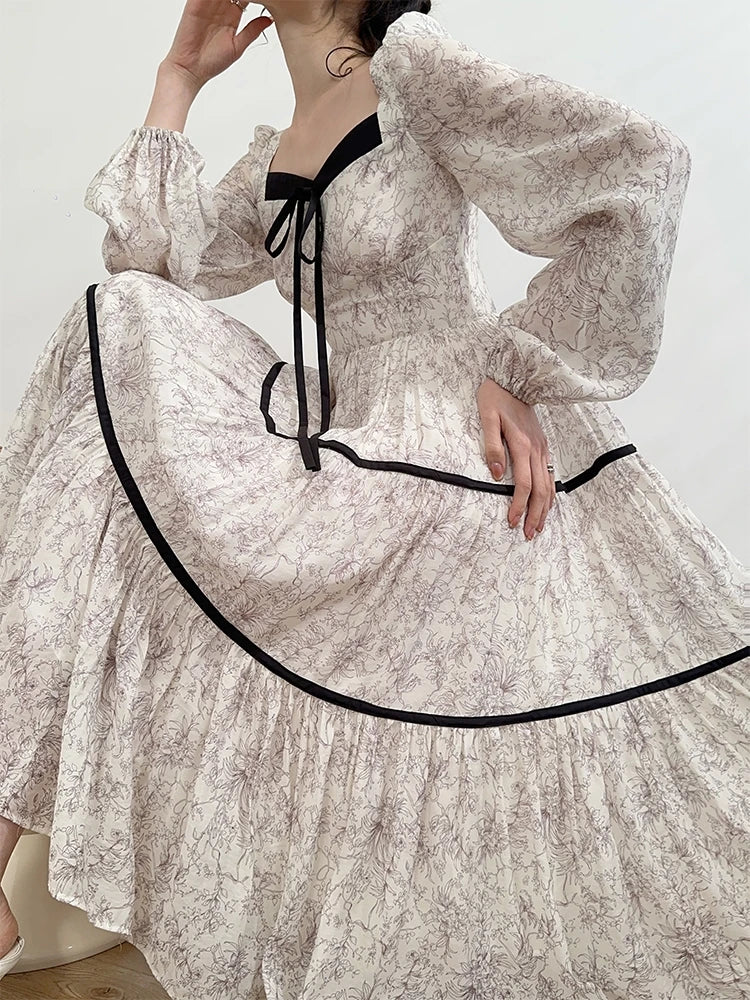 Elegant Floral Printed Midi Dresses for Women Lantern Sleeves Square Collar A-line Birthday Party Dress Autumn New Prom Robe