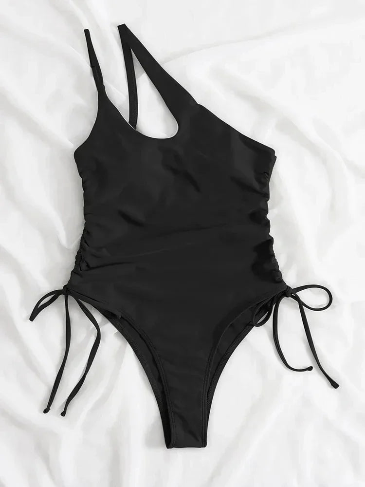 Women’s One Shoulder Swimsuit Tanga Bikini Set Two Piece Swimwear Solid Color Padded Bikini Top Bra Briefs Bottom Sexy
