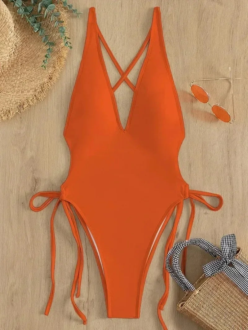 Sexy Deep V Neck One Piece Swimsuit Women Solid Yellow White Hollow Out Pleate Swimwear Beach Bandage Bathing Suit Monokini