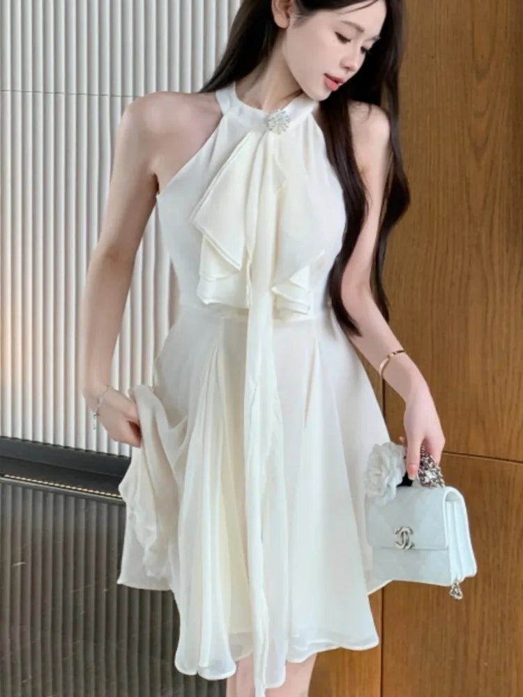 Elegant Halter Ruffles Short Dresses for Women Diamond Sleeveless A-line Sexy Evening Party Dress Prom Korean Chic Vestido Mujer