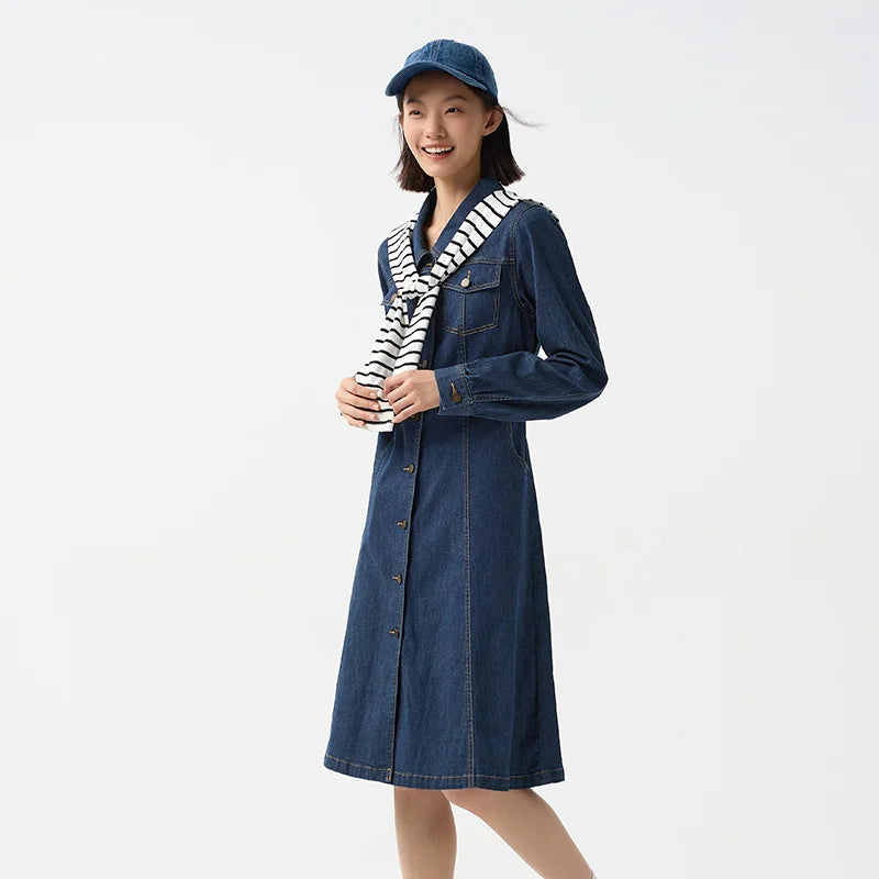 Denim Dress Women With Shawl  Mid-length Dress Workwear Style in Spring