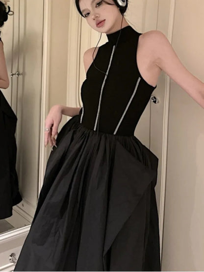 Casual Black Knitted Dresses for Women Sleeveless Vest Dress A-line Casual Korean Fashion Half High Collar Autumn New Vestido
