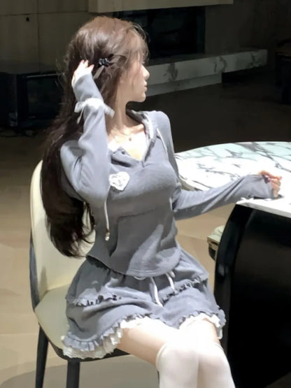 Y2K Two-piece Skirt Set Women Autumn New Hooded Long Sleeve Crop Top Lace Ruffles Mini Skirt Korean Fashion Outfits Kawaii Suits
