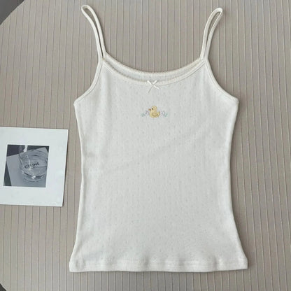 Floral Eyelet Bow Cotton Crop Tops Lace Trim Sleeveless Slim Tank Top Preppy Style Sweet Camisole Y2k Clothes