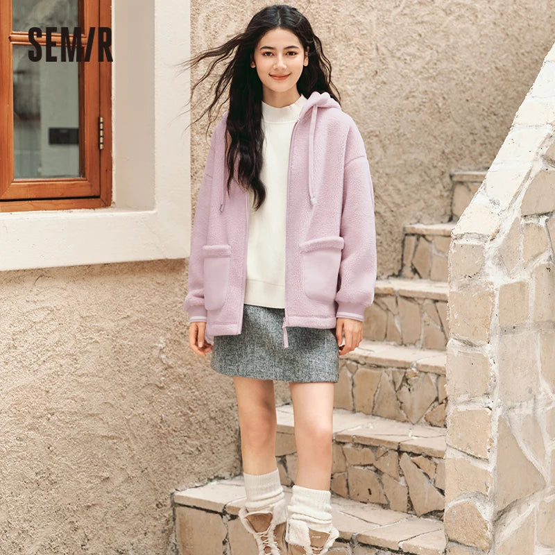 Coat Women Imitation Lamb Wool Polar Fleece Double-Sided Wear Loose  New Winter Contrast Color Simple Hooded Jacket