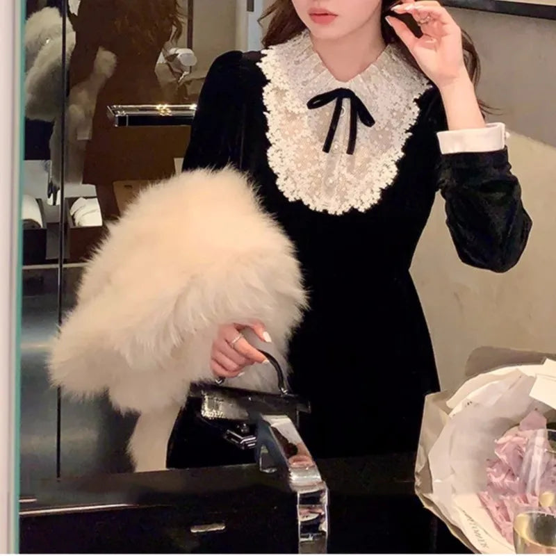 French Vintage Princess Evening Party Dresses Women Lace Patchwork Velvet Mini Dress A-line Korean Fashion Autumn Vestidos Mujer