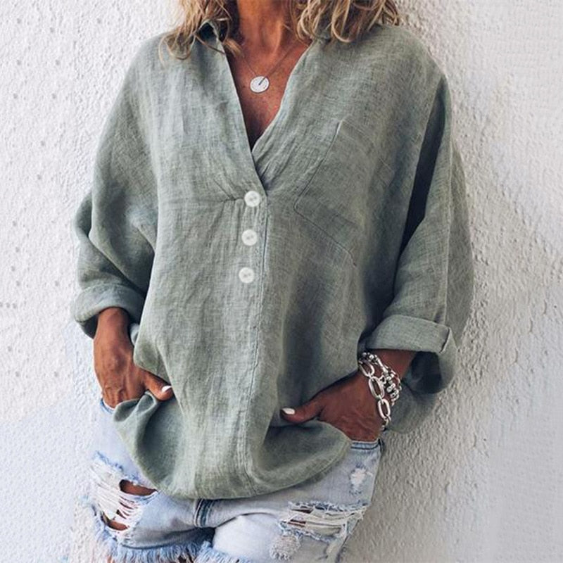 Camisa de lino elegante con cuello en V | Ideal para el día a día