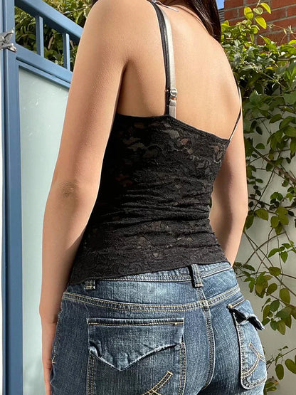 Black See Through Lace Cami Crop Tops Y2K Clothes Sleeveless V Neck Tanks Camis Aesthetic 2000s Gothic Tees
