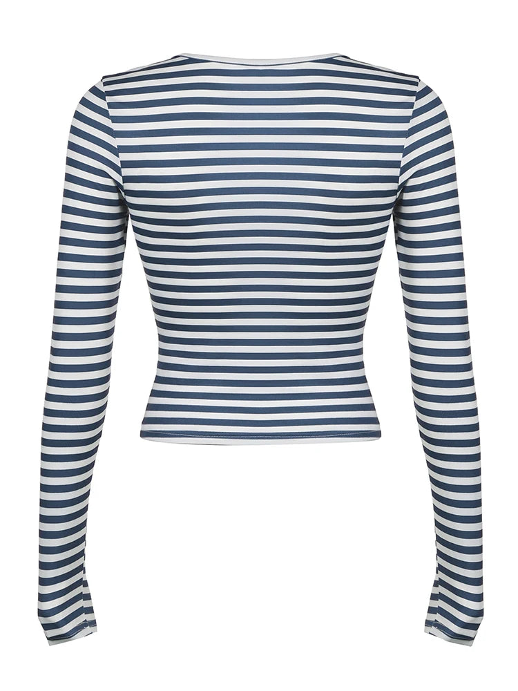 Cross V Neck Blue White Stripe Y2K Tee Skinny Basic Long Sleeve Spring Autumn T Shirt Women