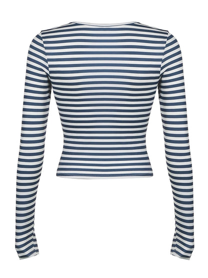 Cross V Neck Blue White Stripe Y2K Tee Skinny Basic Long Sleeve Spring Autumn T Shirt Women
