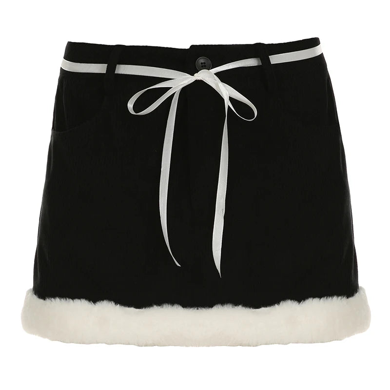 Hotsweet Black Mini Skirt Women Autumn New Y2k Clothing Bow Lace Up Faux Trim Corduroy Skirt Fashion All-Match