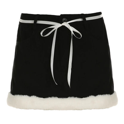 Hotsweet Black Mini Skirt Women Autumn New Y2k Clothing Bow Lace Up Faux Trim Corduroy Skirt Fashion All-Match