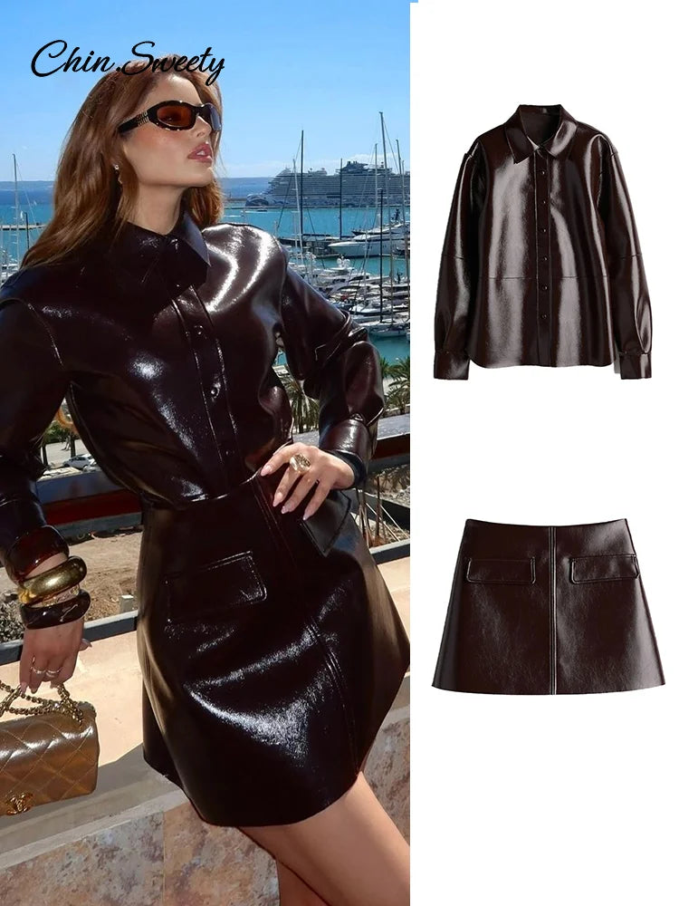 Casual Leather Jacket Skirt Set for Women 2 Pieces Lapel Single Breasted Top Mini Skirts Autumn Lady Y2k All-matching Outfits