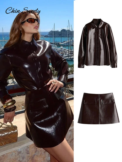 Casual Leather Jacket Skirt Set for Women 2 Pieces Lapel Single Breasted Top Mini Skirts Autumn Lady Y2k All-matching Outfits