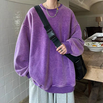 American Washed Old Pullovers Sweatshirts Loose Solid Color Large Size Warm O Neck Tops Hip Hop Y2k Sweatshirt