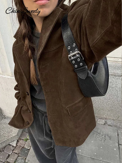 Women Suede Jackets Loose Lapel Single Breasted Long Sleeves Pockets Blazer Coats Female  Autumn Fashion New in Outwear