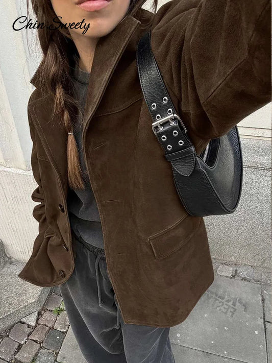 Women Suede Jackets Loose Lapel Single Breasted Long Sleeves Pockets Blazer Coats Female  Autumn Fashion New in Outwear