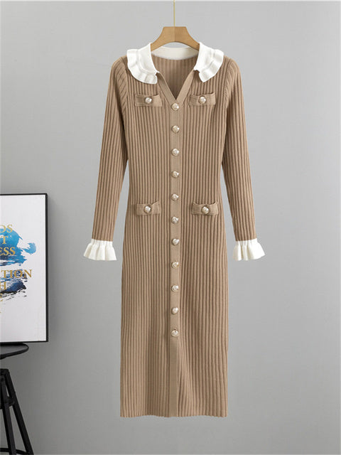 Winter Knitwear V-Neck Maxi Dress Female Ruffled High Waist Cardigan Ribbed Sweater Elegant Party Dress Women’s Knit Dress