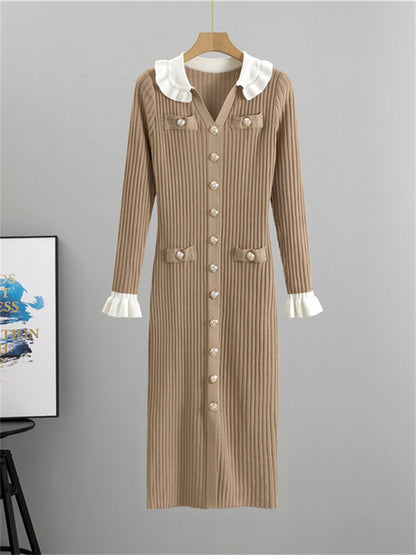 Winter Knitwear V-Neck Maxi Dress Female Ruffled High Waist Cardigan Ribbed Sweater Elegant Party Dress Women’s Knit Dress