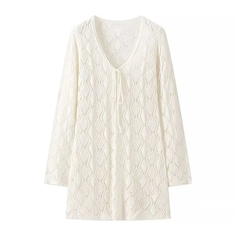 Solid Hollow Out Knitted Beach Dress Women 2024 New V Neck Long Sleeve Lace-up Vestidos Summer Sexy Fashion Holiday Mini Dresses