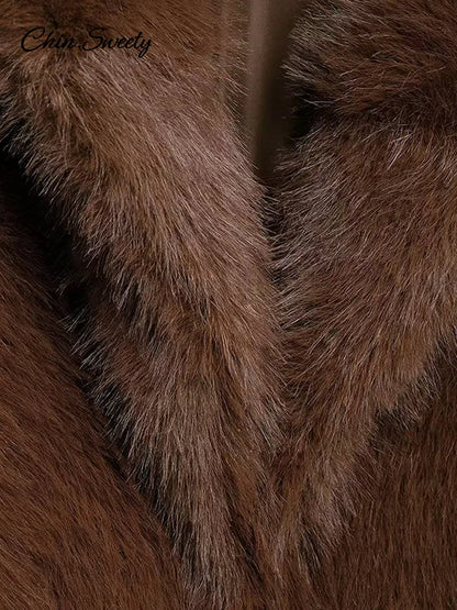 Brown Lapel Faux Fur Short Coat Women Fluffy Long Sleeve Warm Thick Loose Jacket  Autumn Winter Lady High Street Outwear _