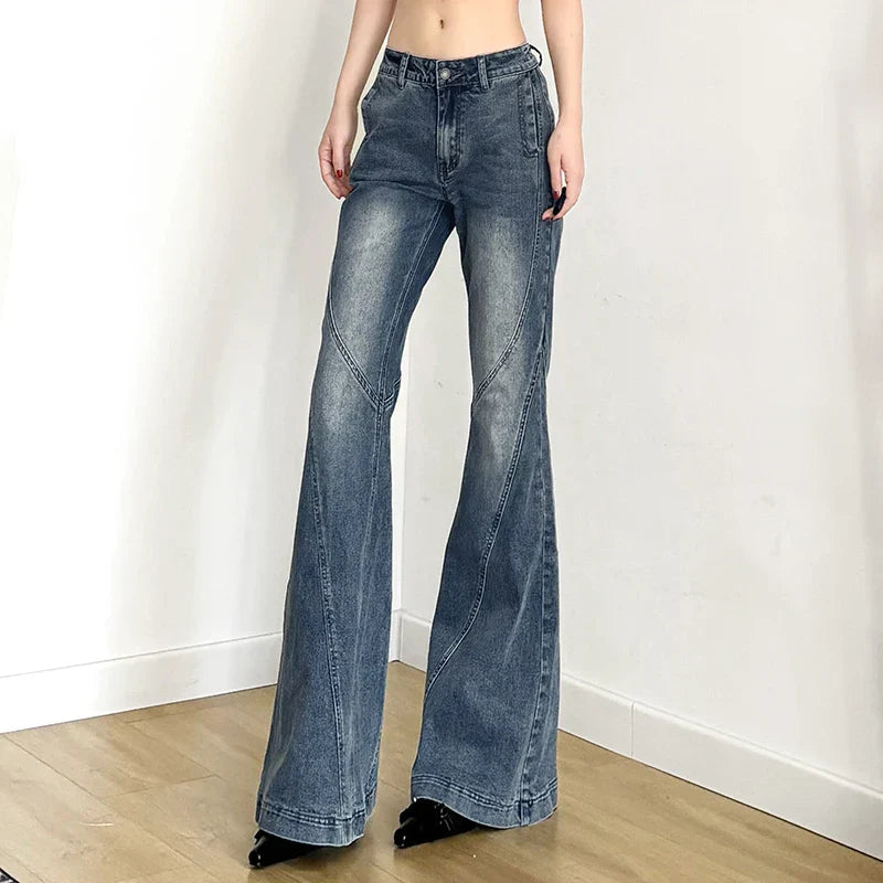 Y2K Low Waisted Washed Flare Jeans Korean Streetwear Blue Slim Fit Denim Pants Fashion Lady Casual Boot Cut Trousers