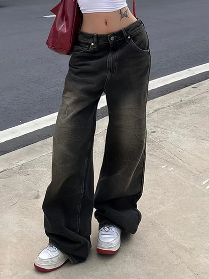 American Retro Casual Straight Leg Jeans Woman Vintage Street Style Distressed Denim Pants