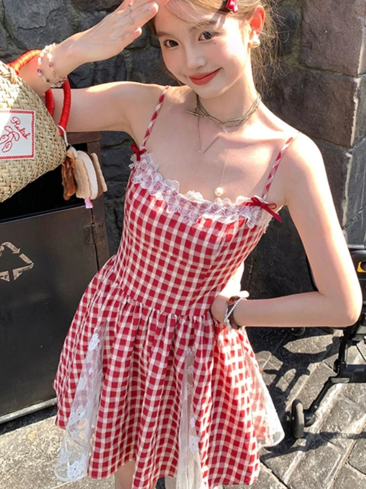 Y2K Red Plaid Mini Dresses for Women Spaghetti Strap Lace Patchwork A-line Birthday Party Dress Korean Fashion One Piece Vestido