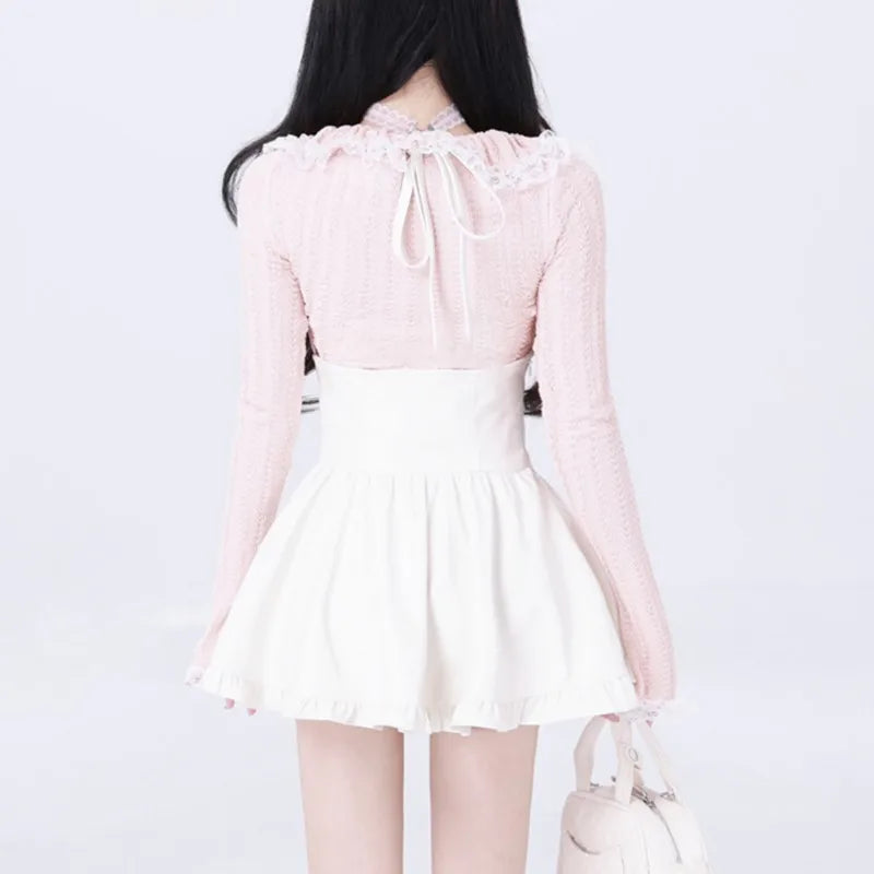 Y2K Two-piece Skirt Set Lace Square Collar Long Sleeve Top High Waist Halter Mini Skirt Korean Fashion Kawaii Sexy Outfits New