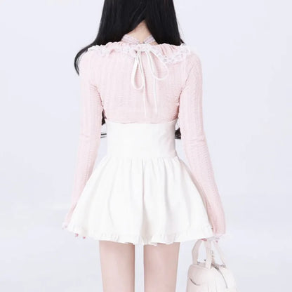 Y2K Two-piece Skirt Set Lace Square Collar Long Sleeve Top High Waist Halter Mini Skirt Korean Fashion Kawaii Sexy Outfits New