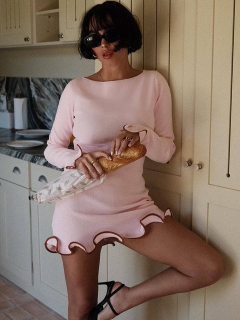 JULISSA MO Knitted Sexy Round Neck Ruffles Dress Women Black Long Sleeve Evening Dress Female Autumn Slim Elegant Party Clubwear