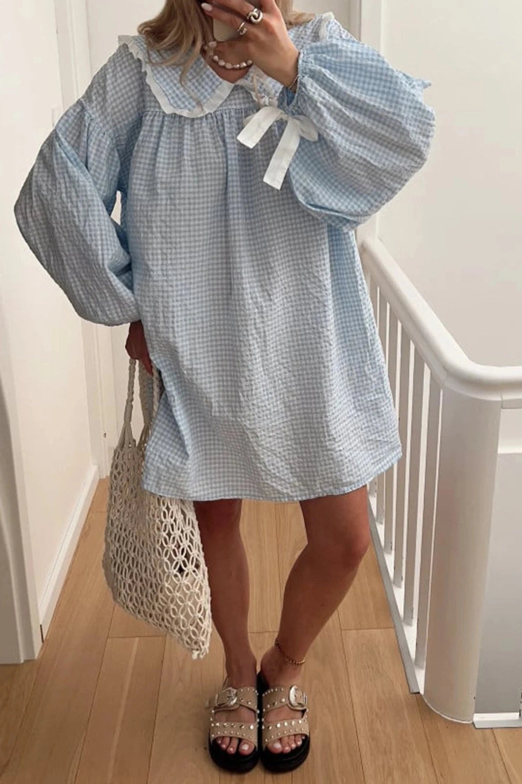 Plaid Mini Dress with Elegant Puff Sleeves
