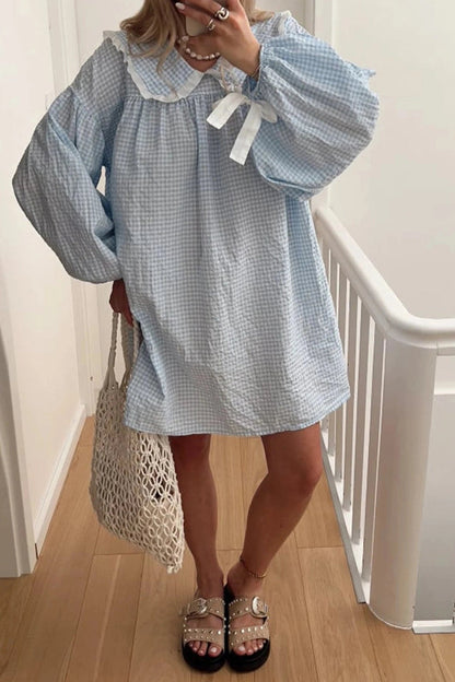 Plaid Mini Dress with Elegant Puff Sleeves