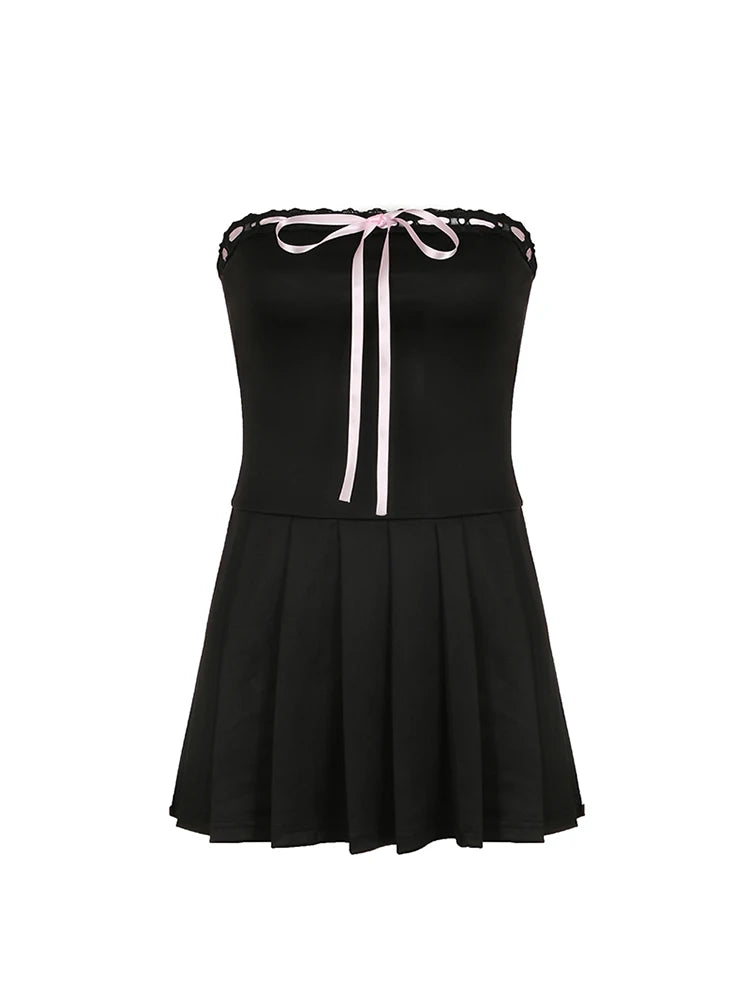 Korean Fashion Contrast Tie Bow Strapless A Line Pleated Dress Women Cute Sweet Kawaii Clothing