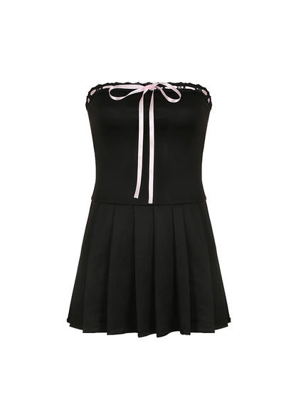 Korean Fashion Contrast Tie Bow Strapless A Line Pleated Dress Women Cute Sweet Kawaii Clothing