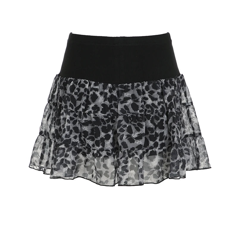Y2k Leopard Contrast Patchwork Puff Skirt Women s Trendy Clothes All-Match Chiffon Mini Skirt Hotsweet