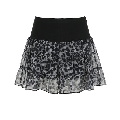 Y2k Leopard Contrast Patchwork Puff Skirt Women s Trendy Clothes All-Match Chiffon Mini Skirt Hotsweet