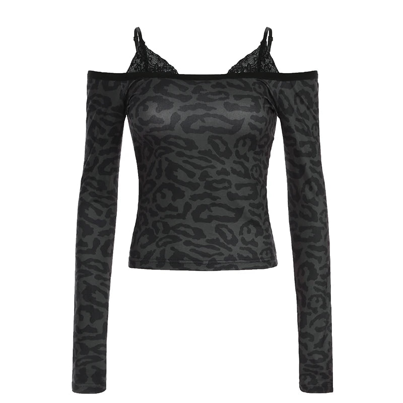 Slim Leopard Lace Halter Tops Fake Two Piece Top Off Shoulder Women Sexy Y2k Hotsweet Long Sleeve Top Autumn New