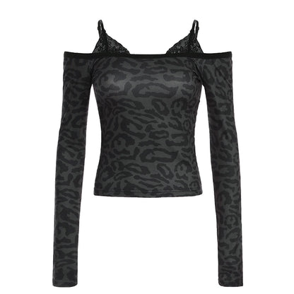 Slim Leopard Lace Halter Tops Fake Two Piece Top Off Shoulder Women Sexy Y2k Hotsweet Long Sleeve Top Autumn New