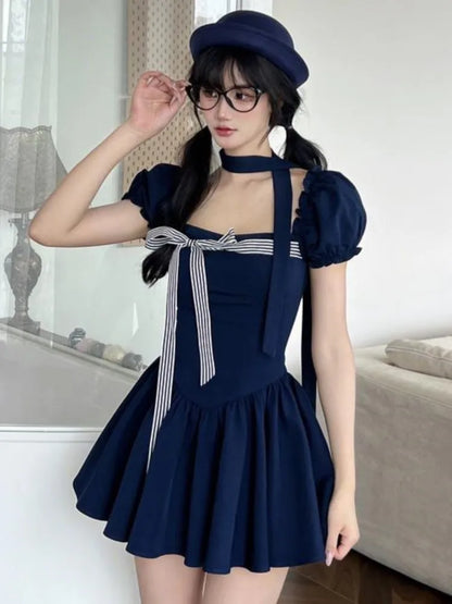 Y2K Short Dresses for Women Square Collar Puff Sleeve Ruffles A-line Solid Summer Korean Fashion Sweet One Piece Vestido Mujer