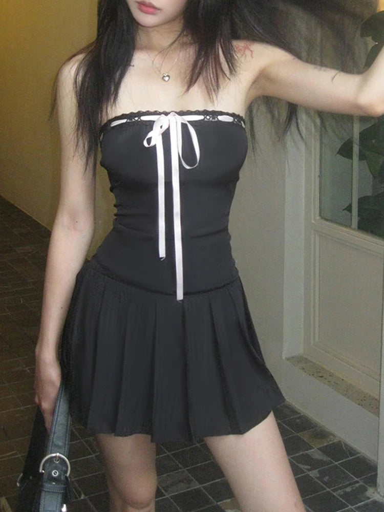 Korean Fashion Contrast Tie Bow Strapless A Line Pleated Dress Women Cute Sweet Kawaii Clothing
