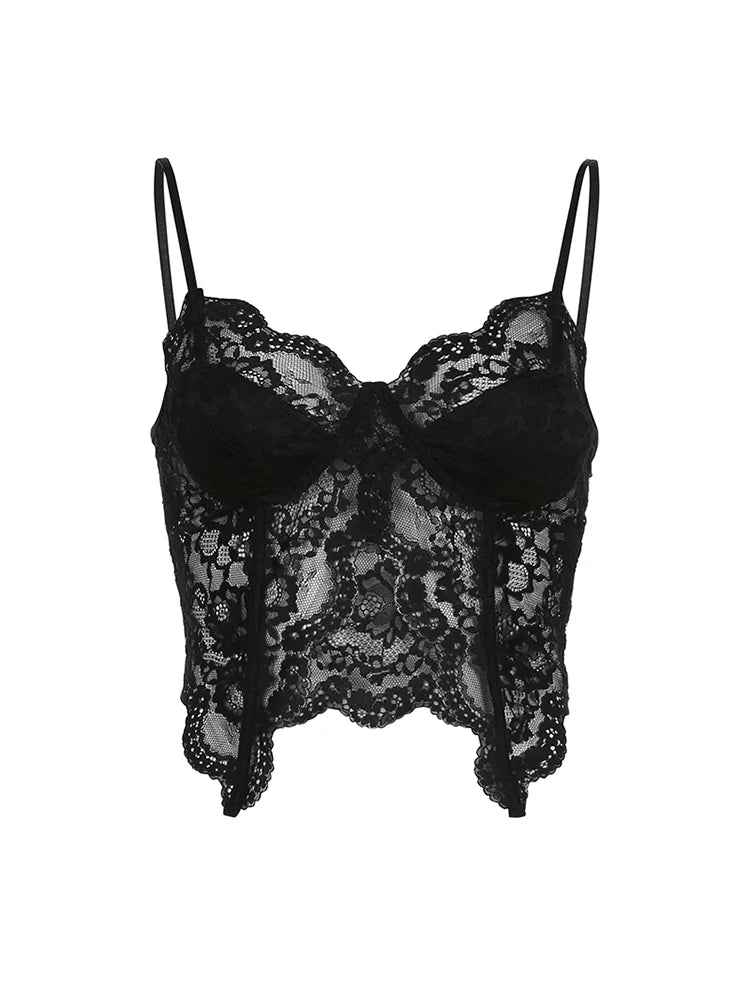 Black See Through Sexy Asymmetrical Goth Lace Camisole Women Rave Baddie Outfits Crop Top
