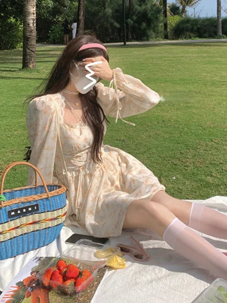 Voguable Elegant Y2K Midi Dress Casual Lace One Piece Dress Korean Sweet Vintage Floral Dress Party Long Sleeve