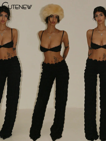 Shirring Trim Women 2 Piece Summer Unique Fashion Solid Crop Camisoles+Elastic Waist Pants Female Matching Sexy Clubwear
