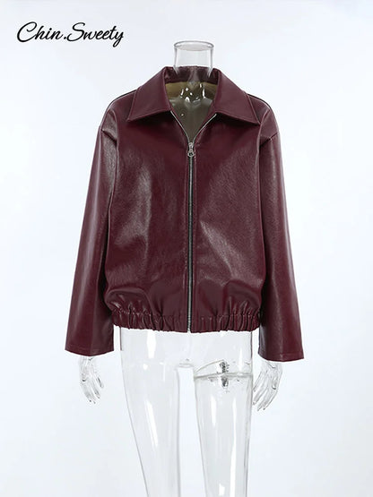 Fashion Lapel Leather Bomber Jacket Women Loose Zipper Long Sleeves Locomotive Coat  Autumn New Lady High Street Outerwear