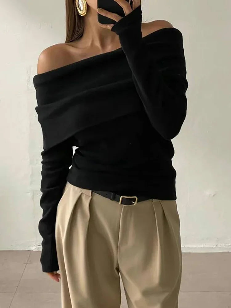 Sweater Knit Pullover Backless Women Slim Bandeau Solid Cropped Top Streetwear Off-Shoulder Elegant Autumn Knitwear Top