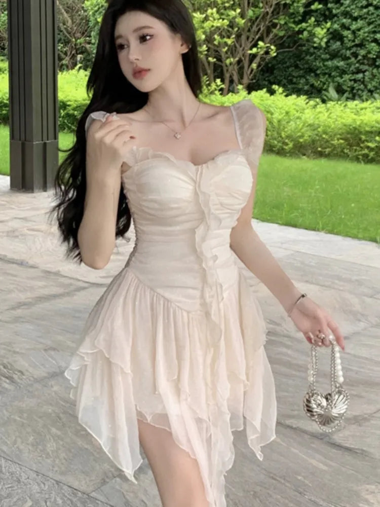 Y2K Irregular Ruffles Short Dresses for Women Spaghetti Strap High Waist A-line Summer New Korean Fashion One Piece Party Dress