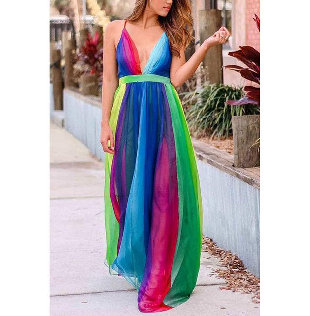 Rainbow Chiffon Spaghetti Strap Dresses Women Sexy Deep V-neck Backless Long Dress Fashion Elegant Ladies Evening Party Vestidos